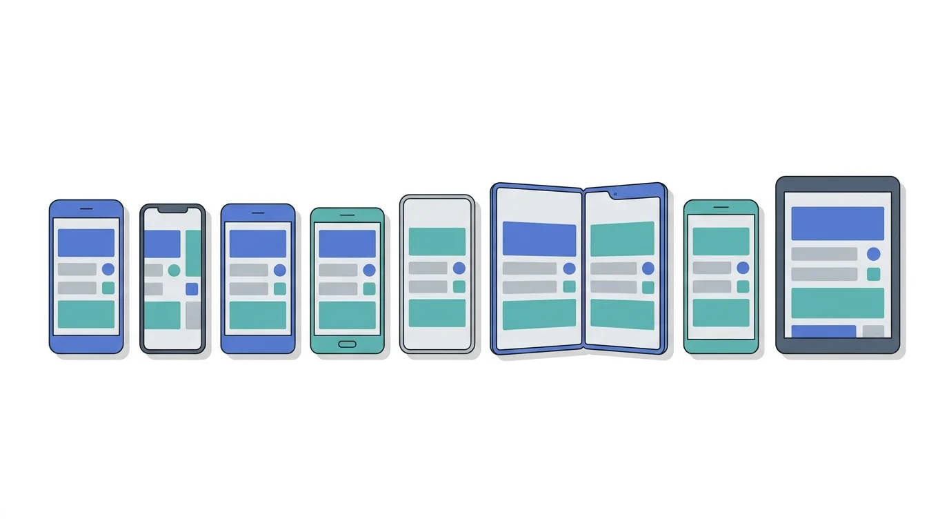 Illustration of phones, a foldable, and a tablet showing the same app, with the layout broken on one screen, one of the most common mobile app testing challenges