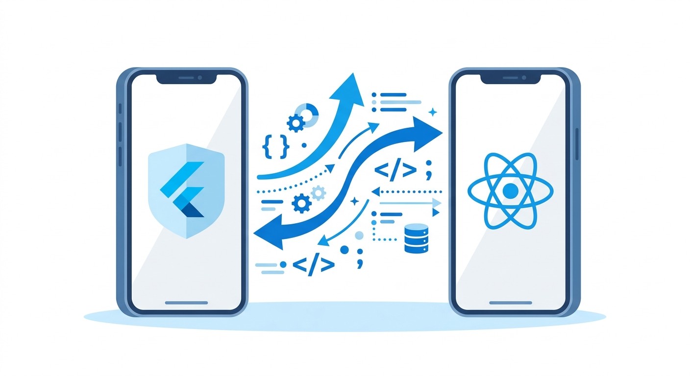 Illustration comparing Flutter and React Native mobile development frameworks side by side