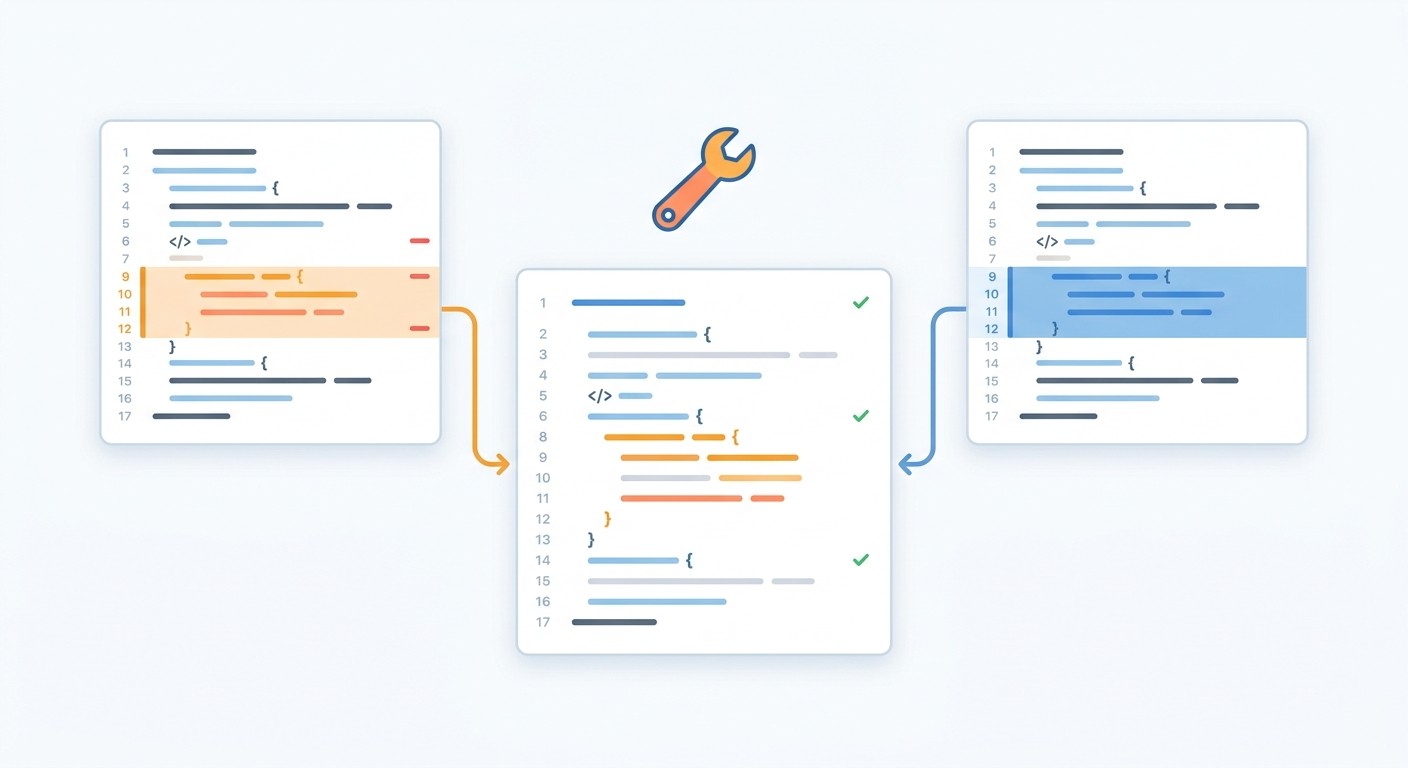 Two conflicting versions of the same code file being merged into one clean version