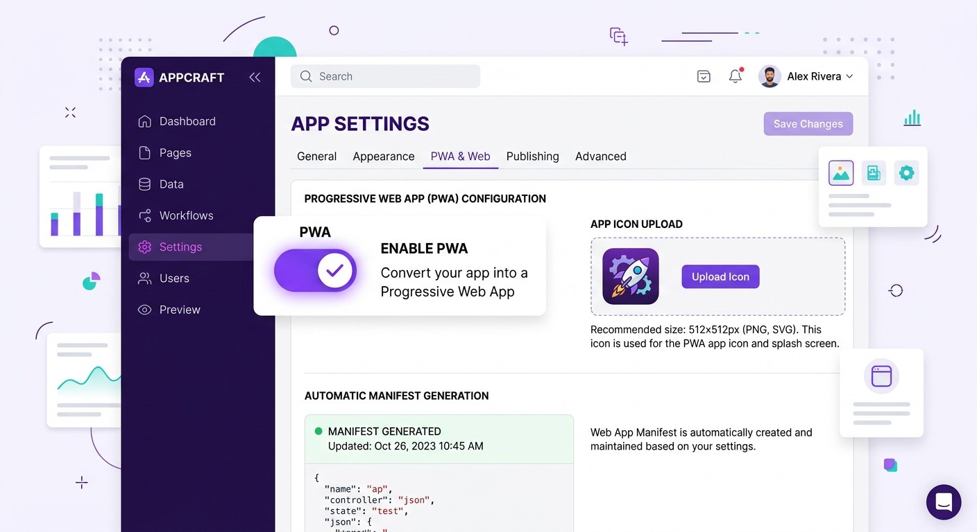 Illustration of a no-code app builder dashboard with a PWA toggle switch turned on and automatic manifest generation.