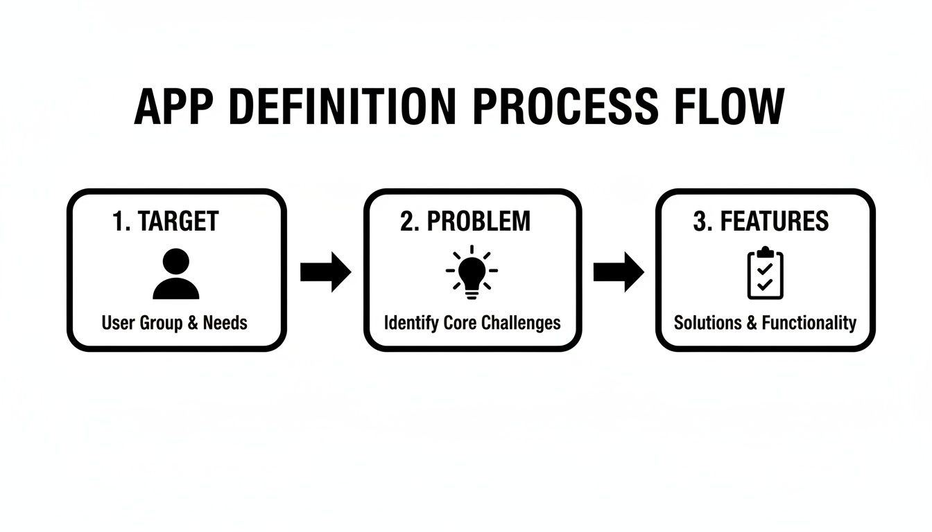 Infographic showing the app definition process flow from identifying the target user, to defining the problem, to listing features.