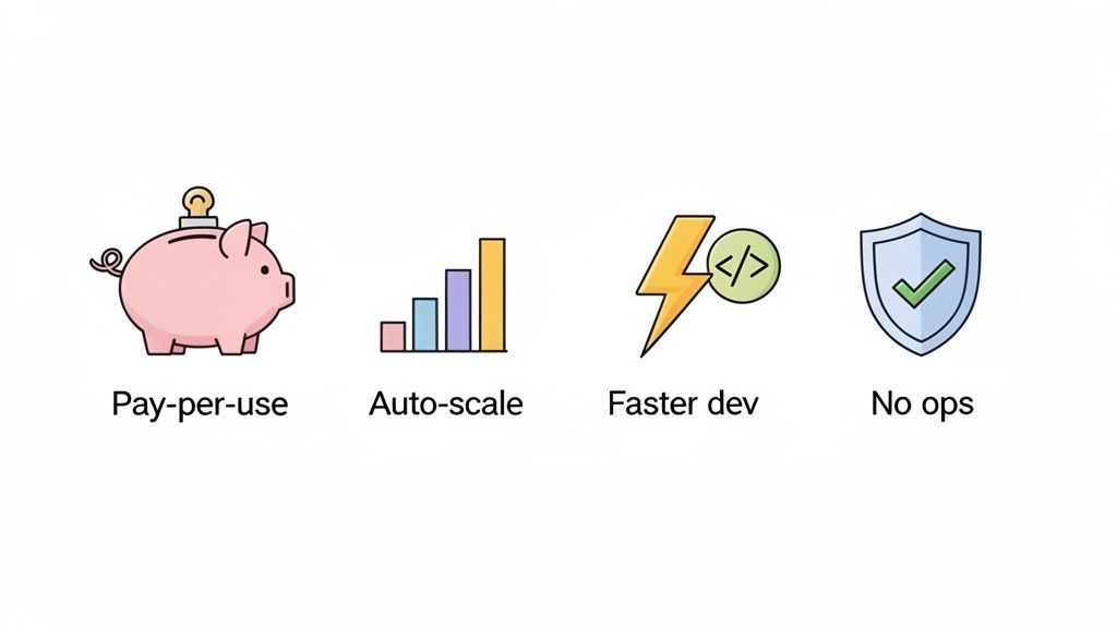 Four icons illustrating serverless architecture benefits: pay-per-use, auto-scale, faster development, and no operations.