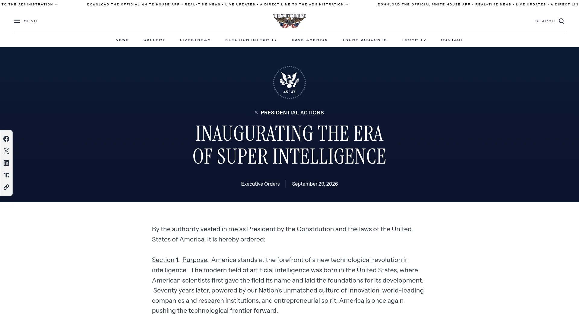 White House page for the September 29, 2026 executive order Inaugurating the Era of Super Intelligence, which renames AI as SI