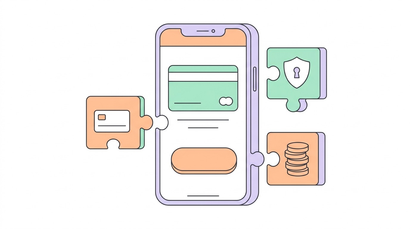 Illustration of a phone checkout screen with ready-made payment blocks snapping into place, showing how to add payments to an app without building them from scratch