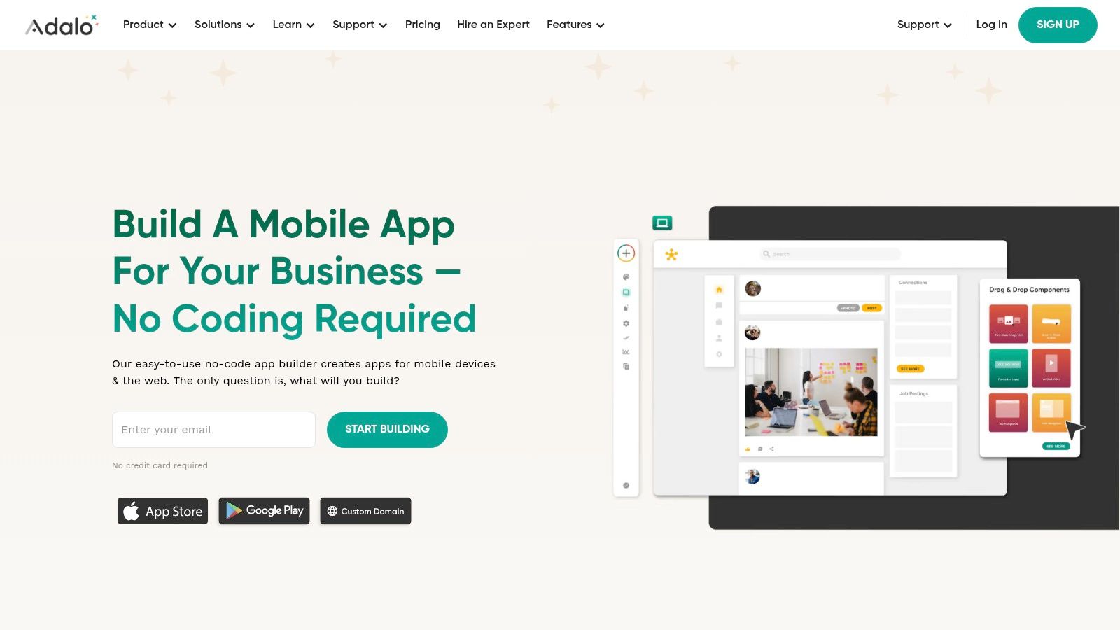 Adalo no-code platform for building native iOS and Android apps with AI features