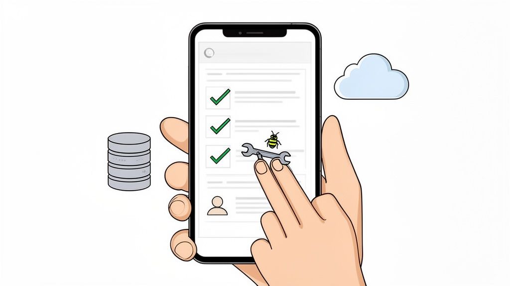 A hand interacts with a smartphone displaying an app development checklist, showing tasks, bug fixing, and cloud deployment.