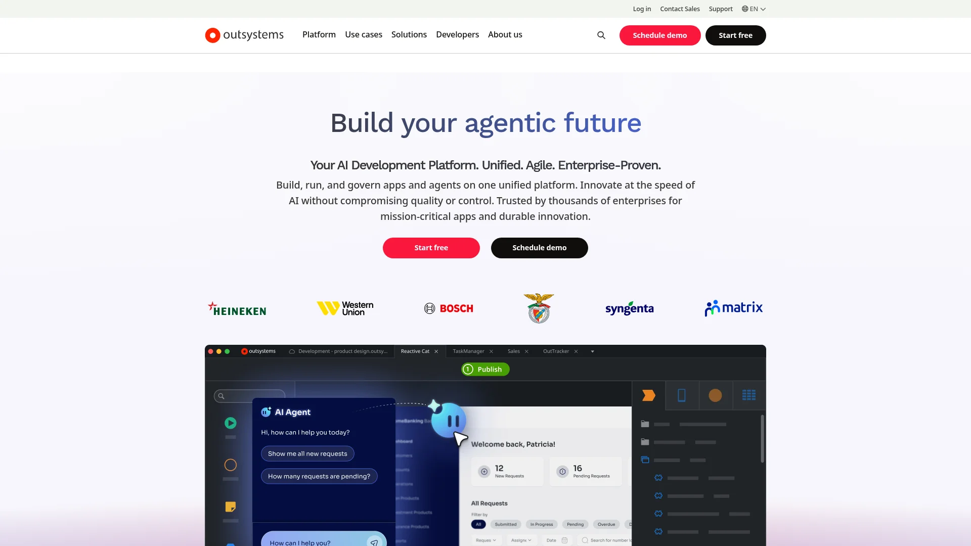 OutSystems enterprise app development platform homepage with full-stack visual builder