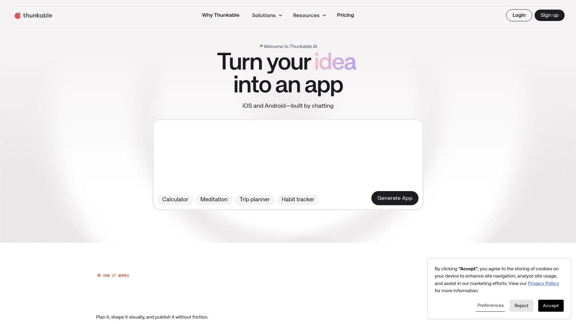Thunkable AI homepage with a prompt to turn an idea into an iOS and Android app