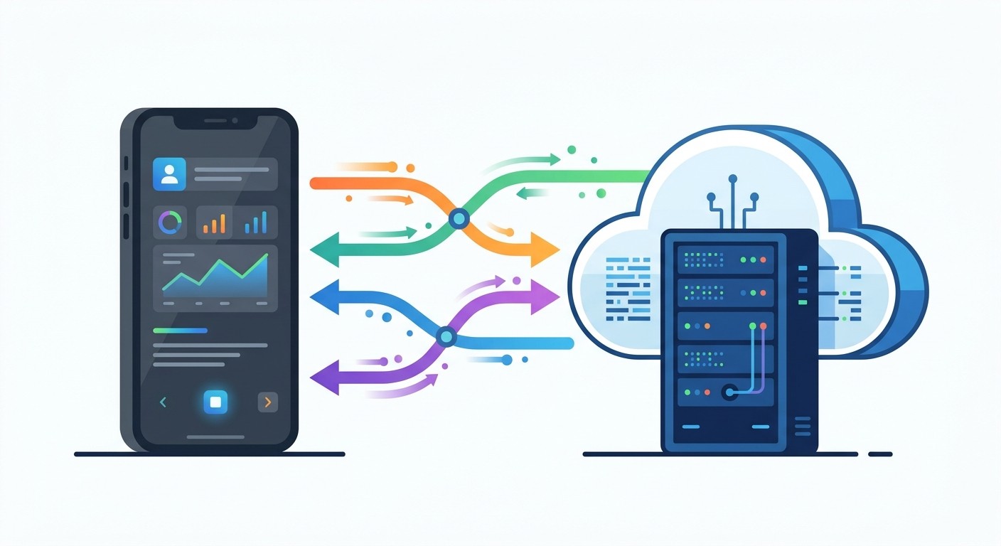 Smartphone connected to a cloud server with data flowing between them, representing API communication.