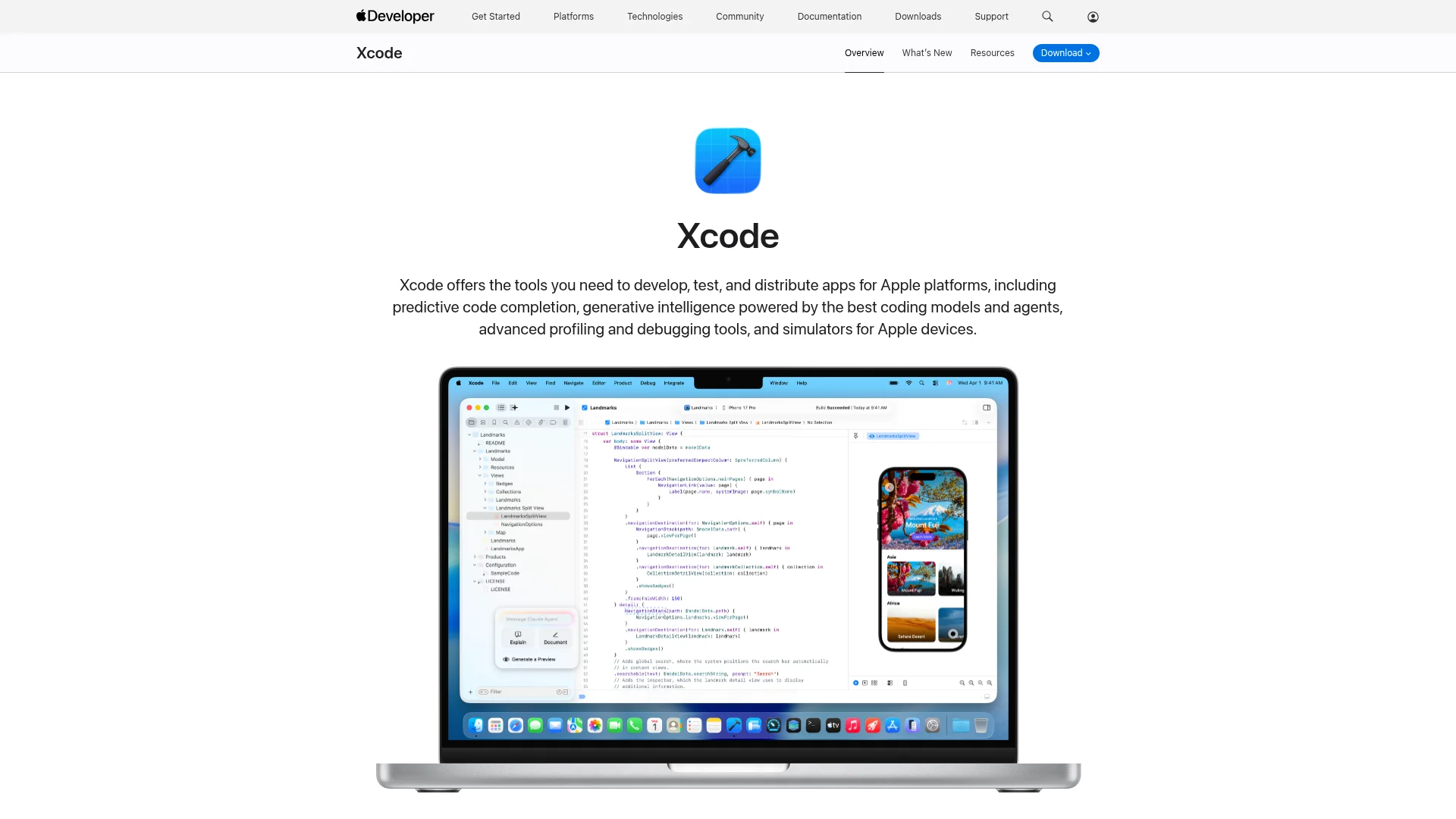 The Apple Xcode developer tools page showing IDE features for building apps.