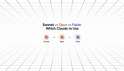 Sonnet vs Opus vs Fable comparison graphic showing the three Claude options on a minimalist perspective grid background.
