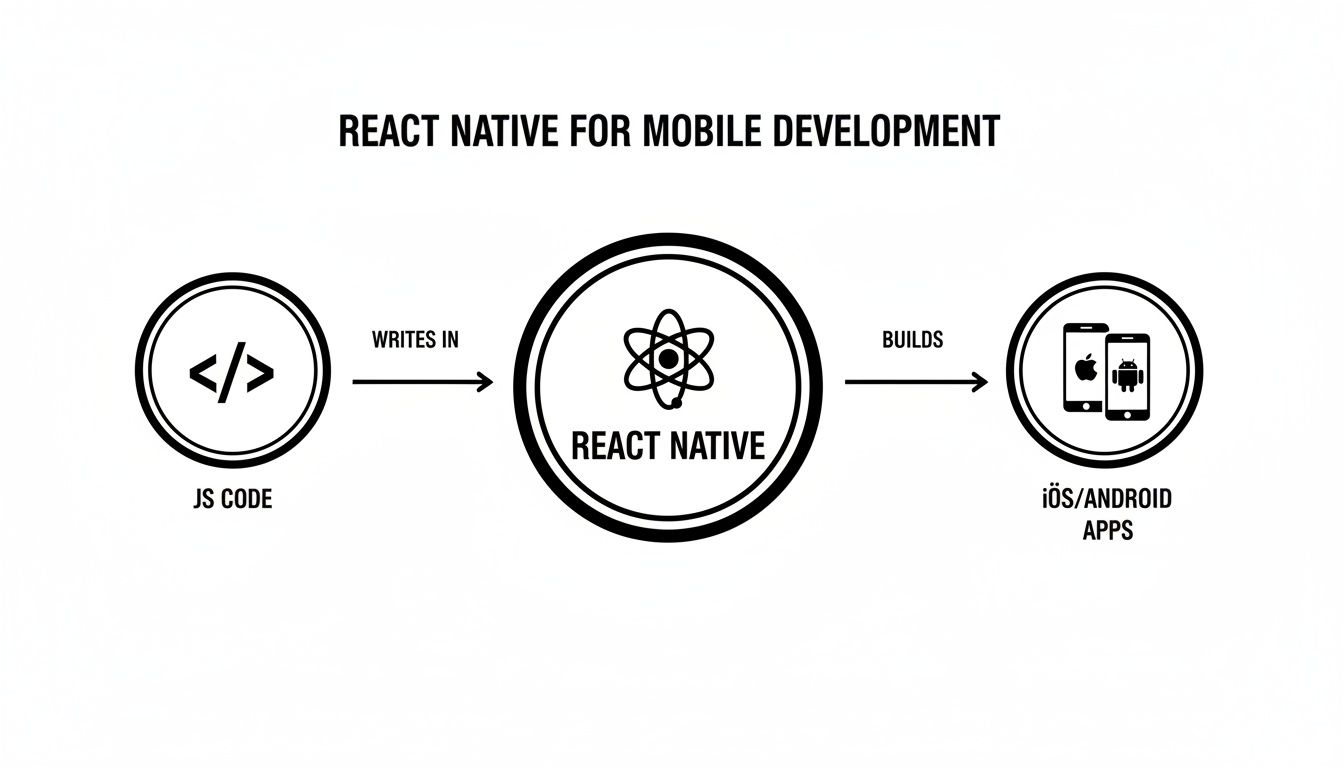 Flowchart showing JS code written into React Native, building iOS/Android applications.