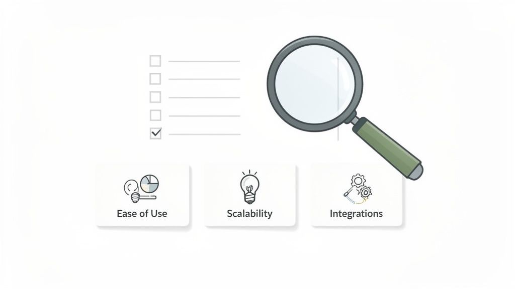A magnifying glass over a checklist, with three cards for Ease of Use, Scalability, and Integrations.