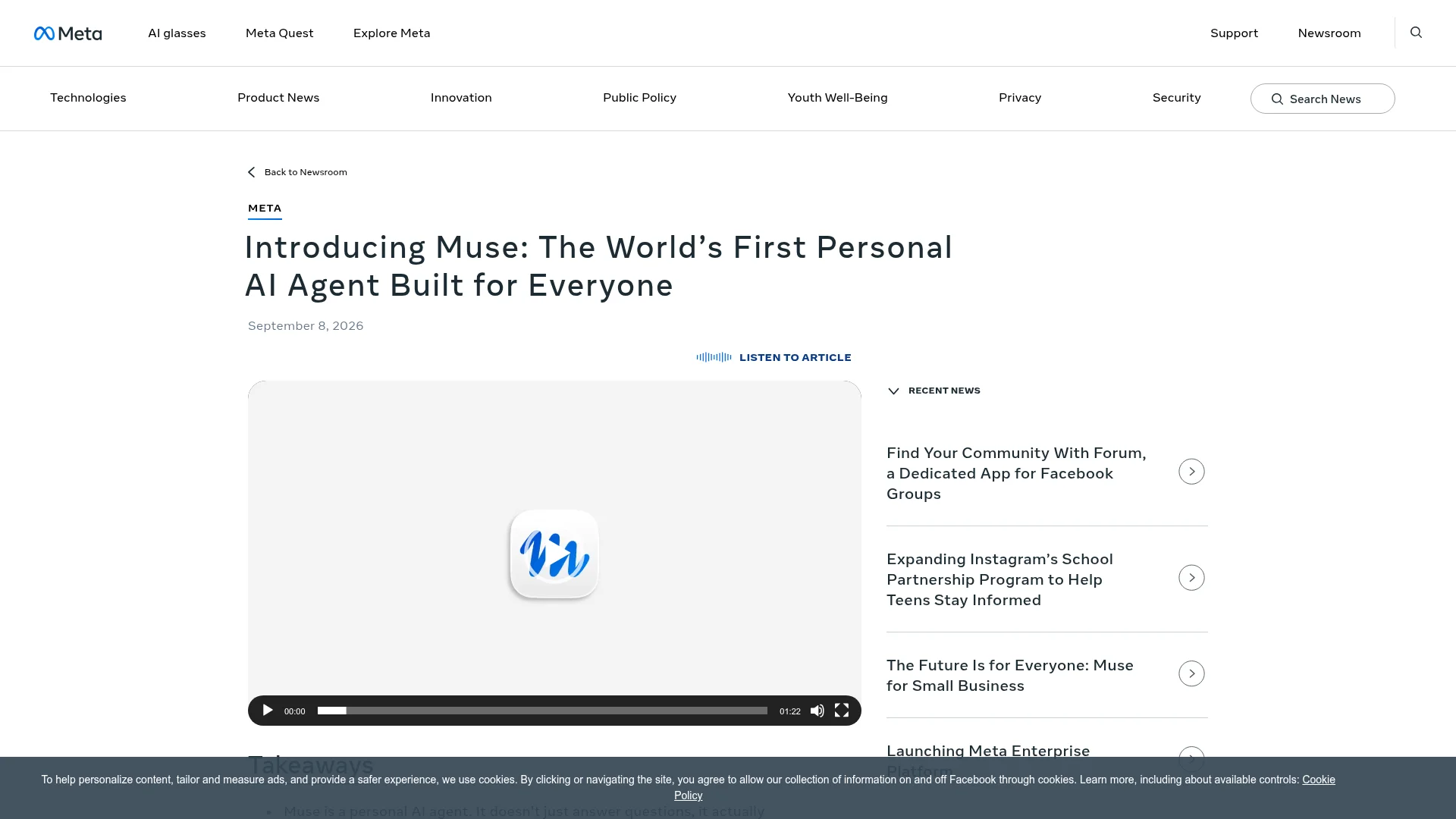 Meta newsroom page introducing Muse, Meta's personal AI agent