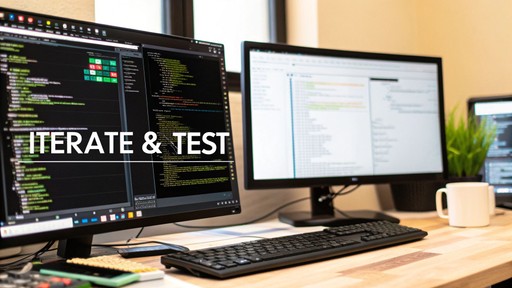 Two monitors showing code during game testing, with the caption Iterate and Test
