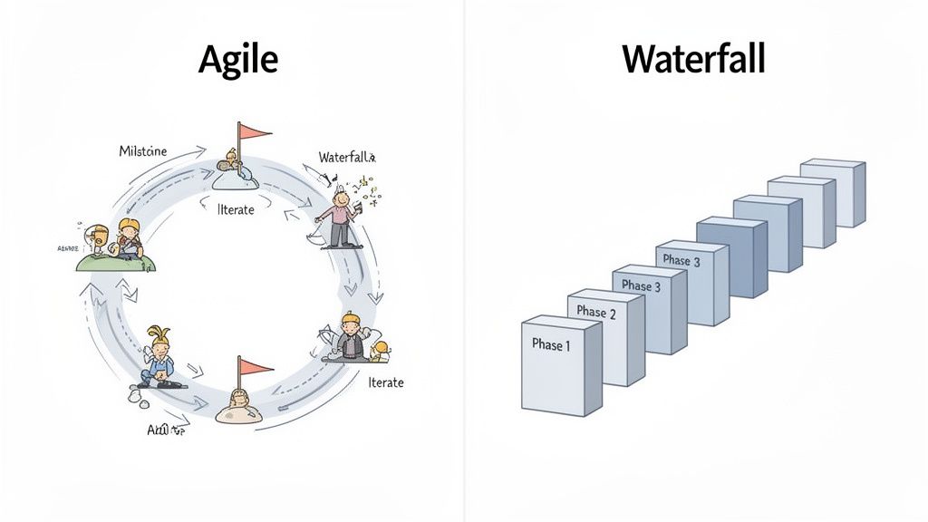 Comparison of Agile (iterative cycle) and Waterfall (sequential phases) software development methodologies.