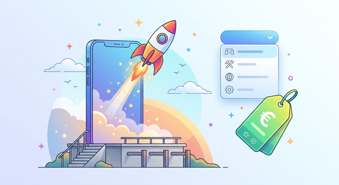 Rocket launching from a smartphone with a category menu and pricing tag, representing app pre-launch planning