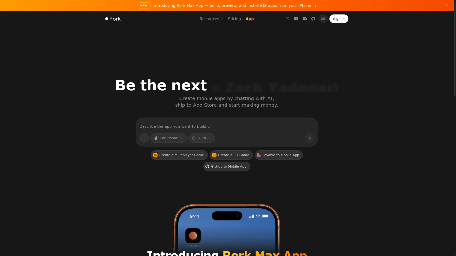 Rork AI mobile app builder homepage with a prompt interface for creating native apps by chatting with AI