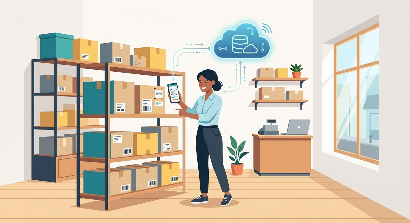 Illustration of a person using a phone app to scan and track inventory in a shop connected to a cloud database.
