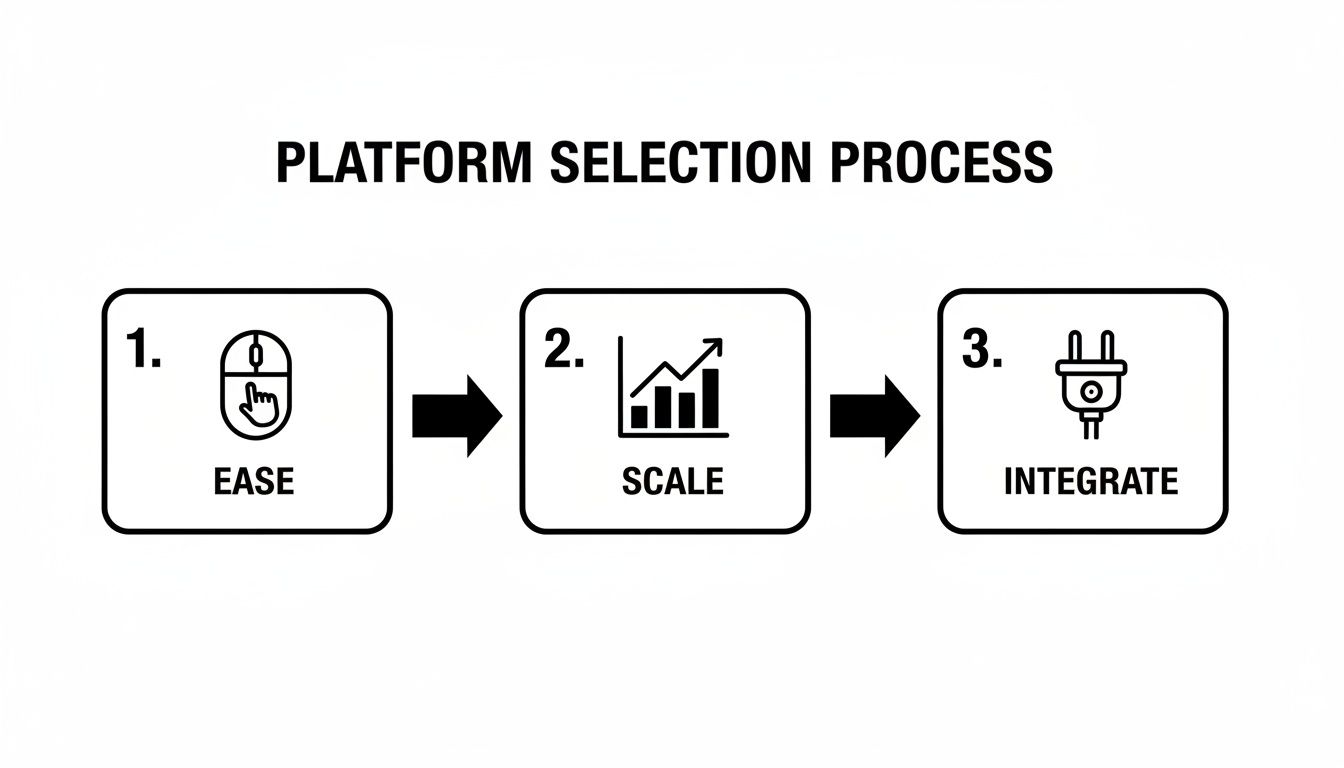 Diagram showing a no-code platform selection process with three key steps: ease, scale, and integrate.