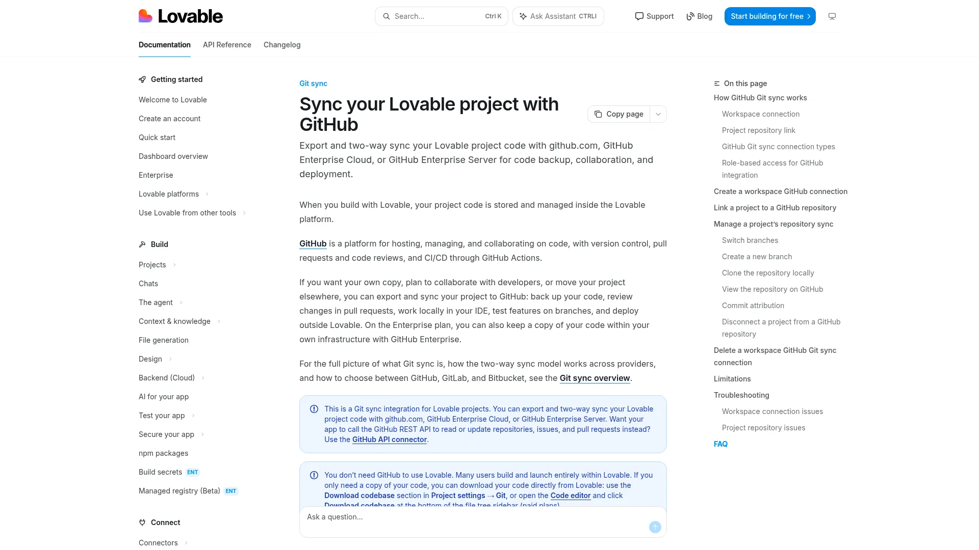 Lovable documentation page on syncing a Lovable project with GitHub