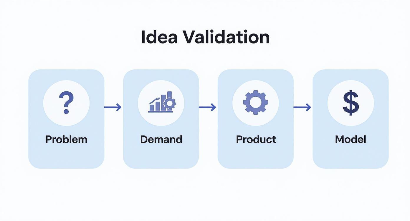 A diagram outlining the four-step idea validation process: Problem, Demand, Product, and Model.