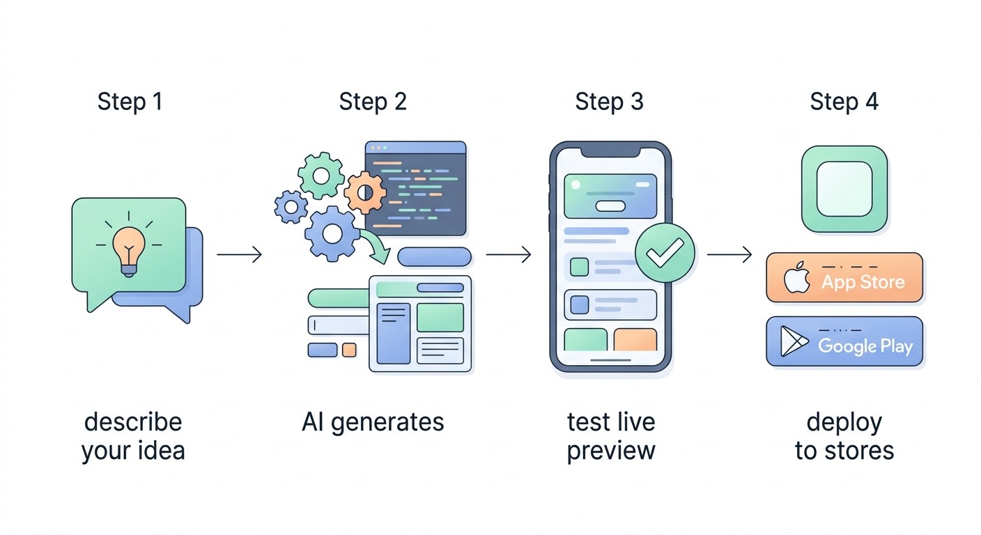A 4-step process to build an app with AI: describe your idea, let AI generate the UI and backend, test the live preview, deploy to the App Store and Google Play.