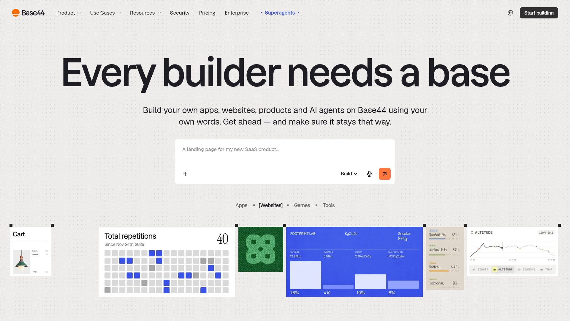 Base44 AI app builder homepage with a prompt box and example apps