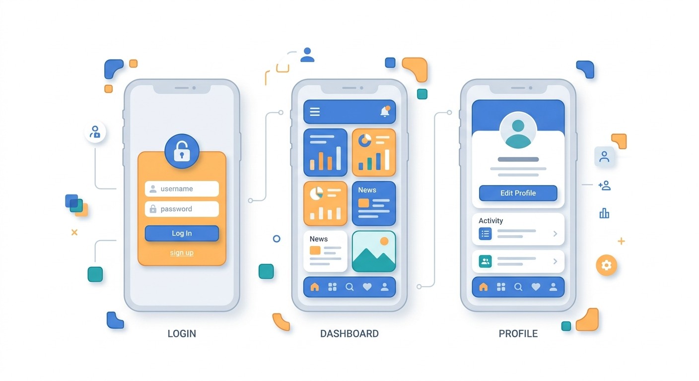 Building a mobile app from modular blocks that form screens like login, dashboard, and profile