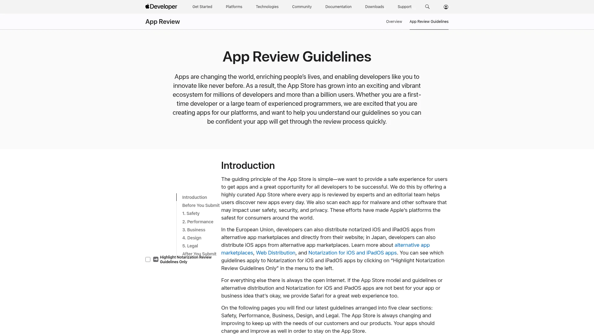 Apple's App Store review guidelines page listing requirements for app submissions.