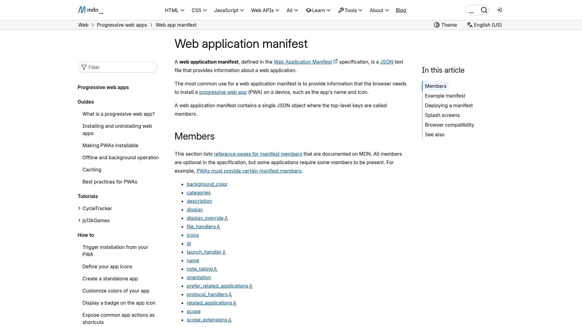 Screenshot of the MDN Web Docs page for Web App Manifest showing properties and browser compatibility.