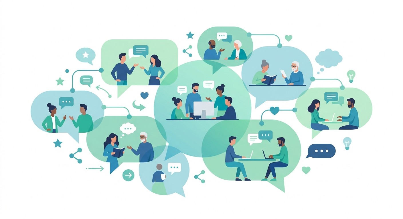 Illustration of online communities connected through chat and forum bubbles where you can promote an app