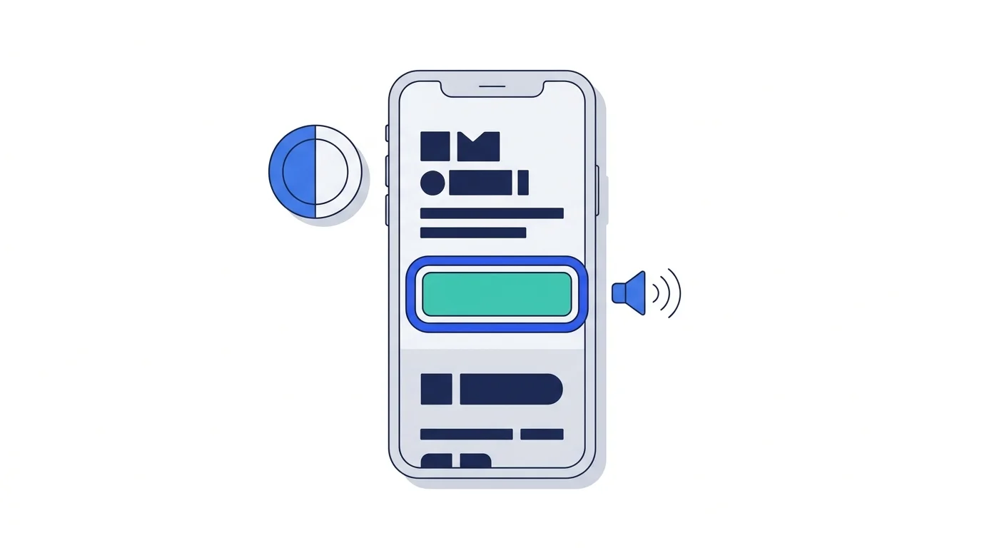Illustration of a phone app with large text and a highlighted focus outline, next to screen reader and color contrast icons