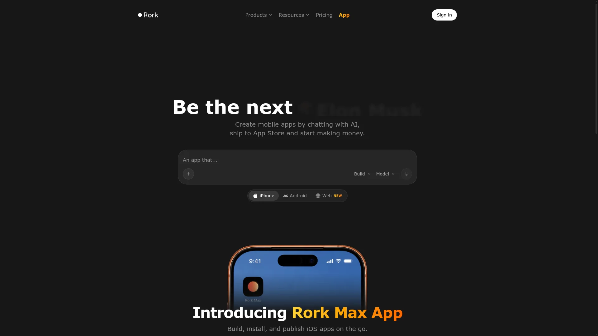 Rork homepage with a prompt box and iPhone, Android and Web build options