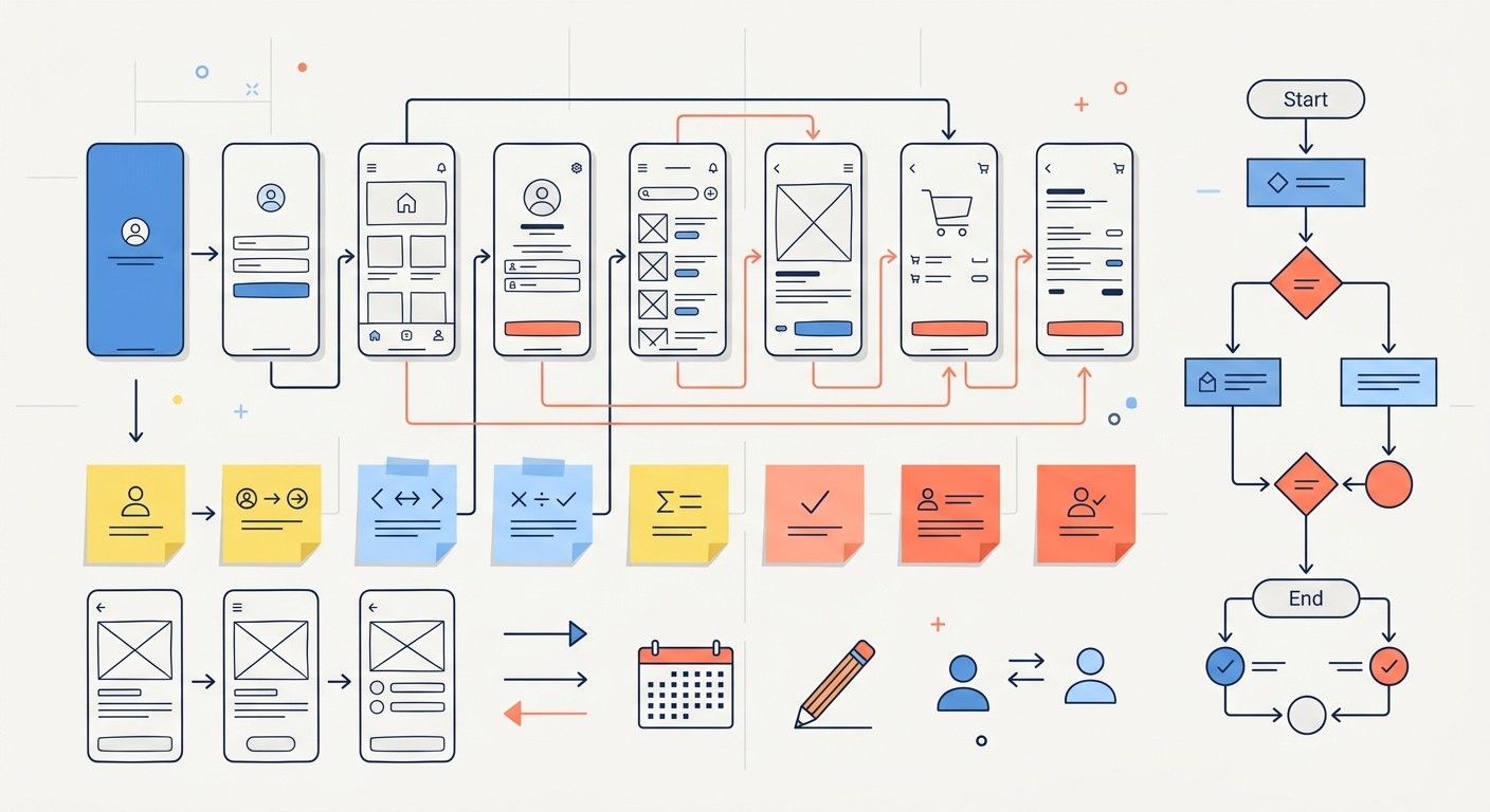 Wireframe screens and a user flow diagram mapping how users move through a mobile app.