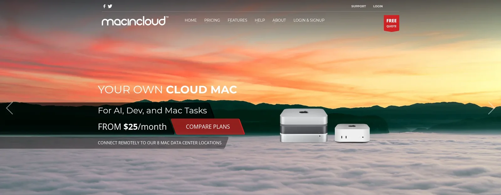 MacinCloud homepage offering a cloud Mac from 25 dollars a month for iOS development on Windows