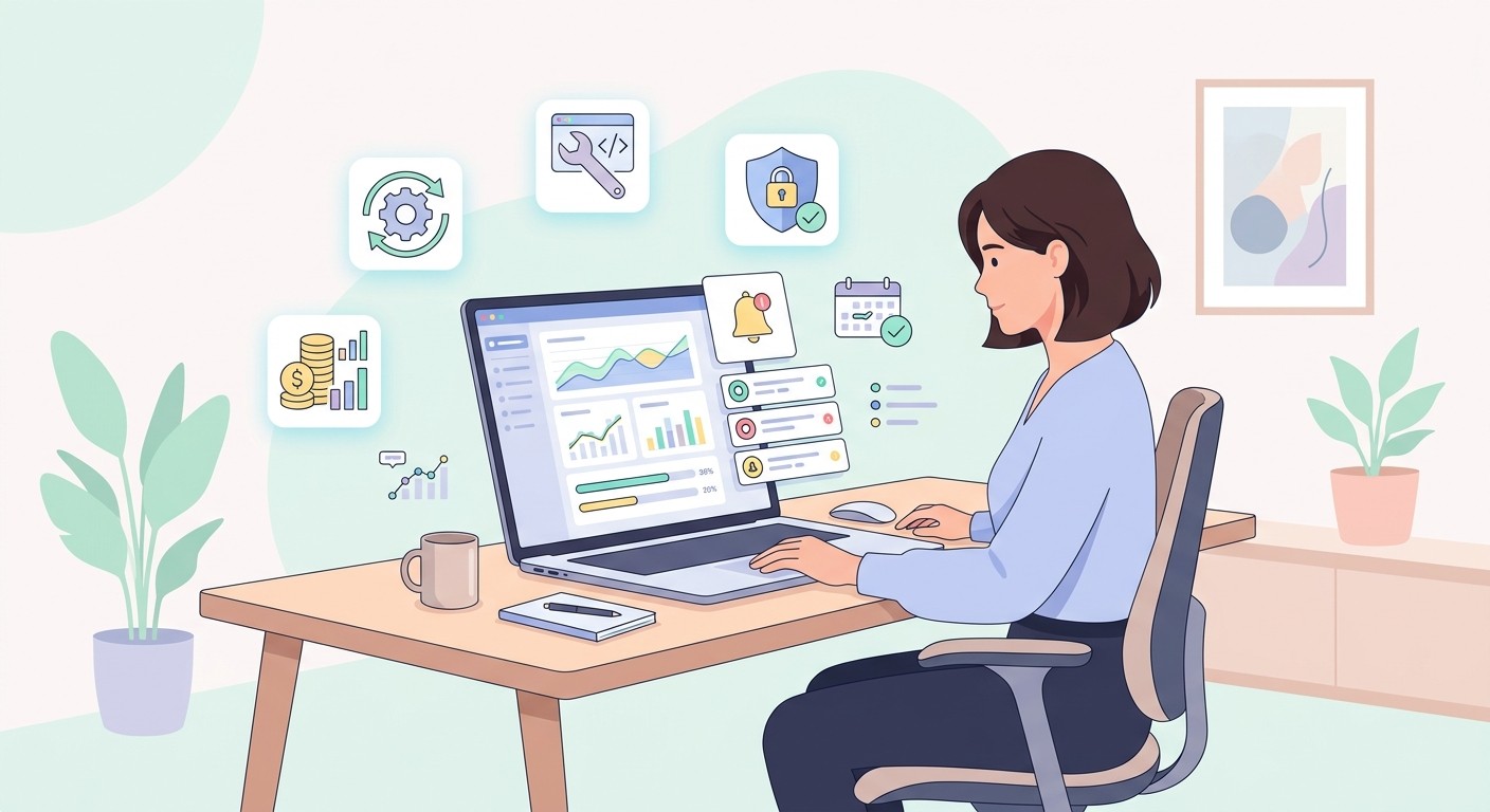 Person at a desk tracking app maintenance costs, with icons for bug fixes, security patches and servers
