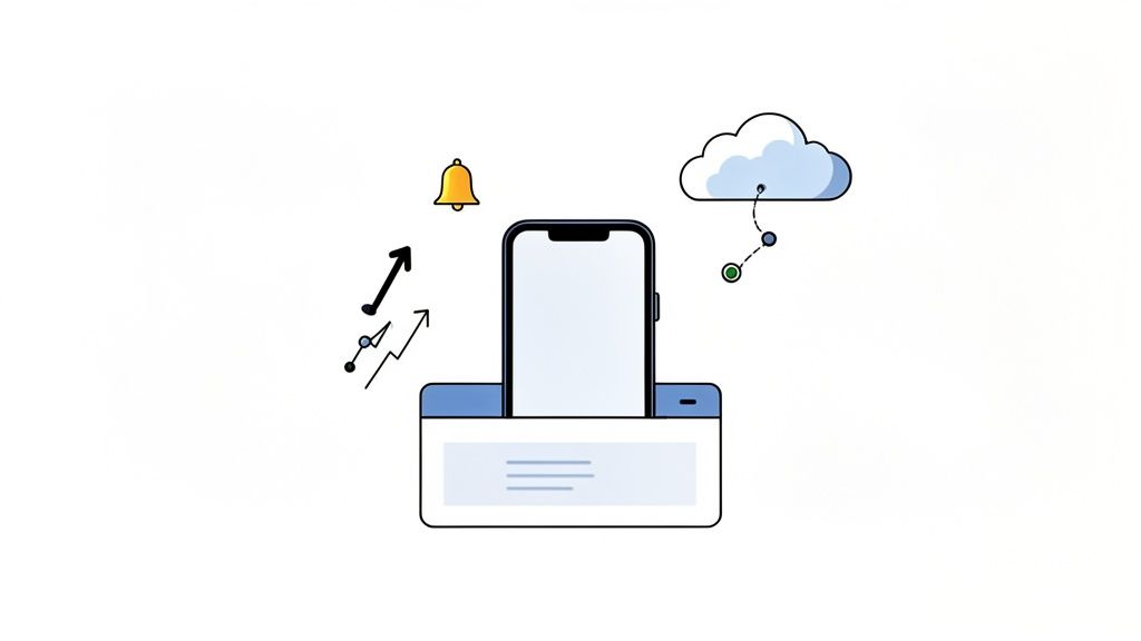 Illustration of a smartphone integrating with a web browser, showing notifications, data trends, and cloud services.