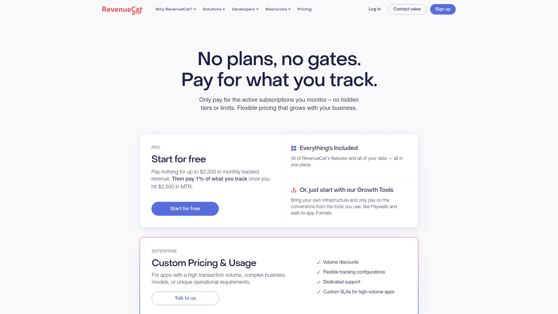RevenueCat pricing page: free up to $2,500 in monthly tracked revenue, then 1% of tracked revenue