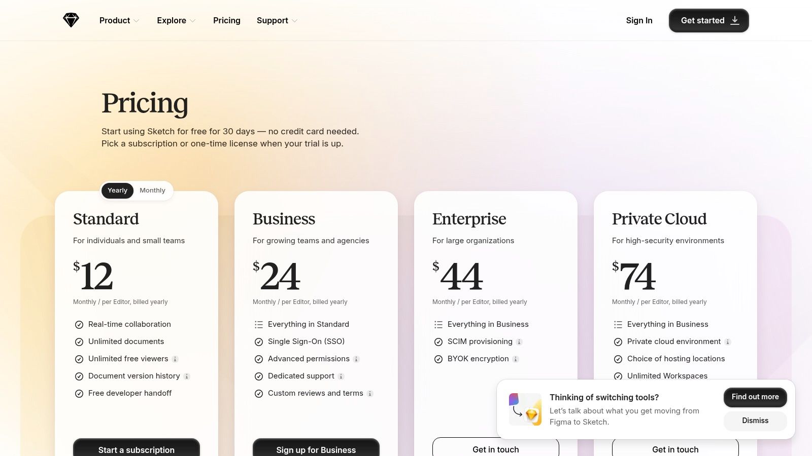 Sketch pricing plans for Standard and Business tiers