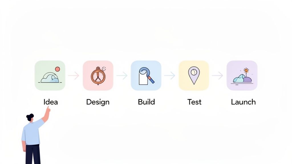 A man points to a five-step project lifecycle: Idea, Design, Build, Test, Launch.