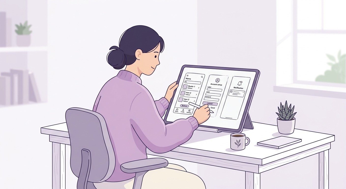 Wireframes of web app screens drawn on a tablet