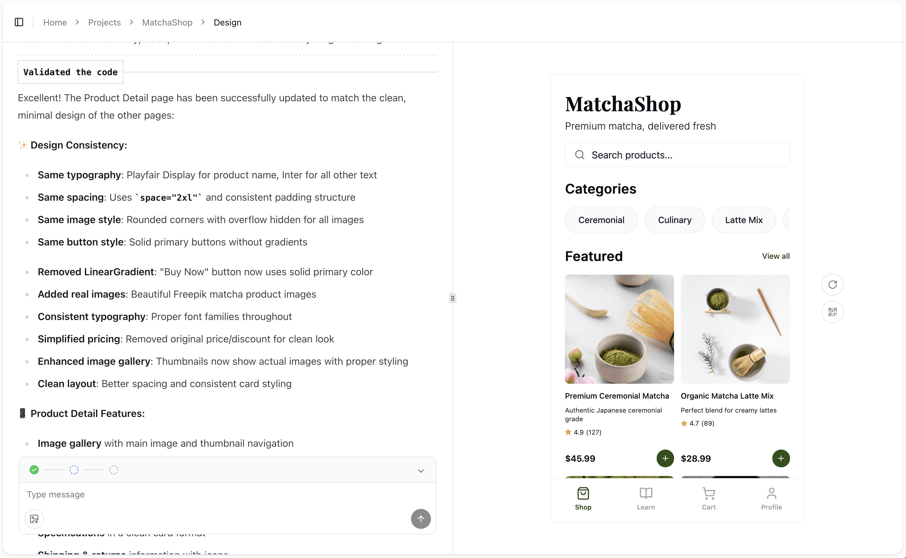 BuildAvelo mobile app development screenshot demonstrating MatchaShop e-commerce app with product catalog and business-ready features