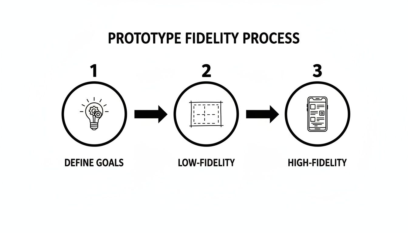 A three-step prototype fidelity process diagram showing defining goals, low-fidelity, and high-fidelity stages.