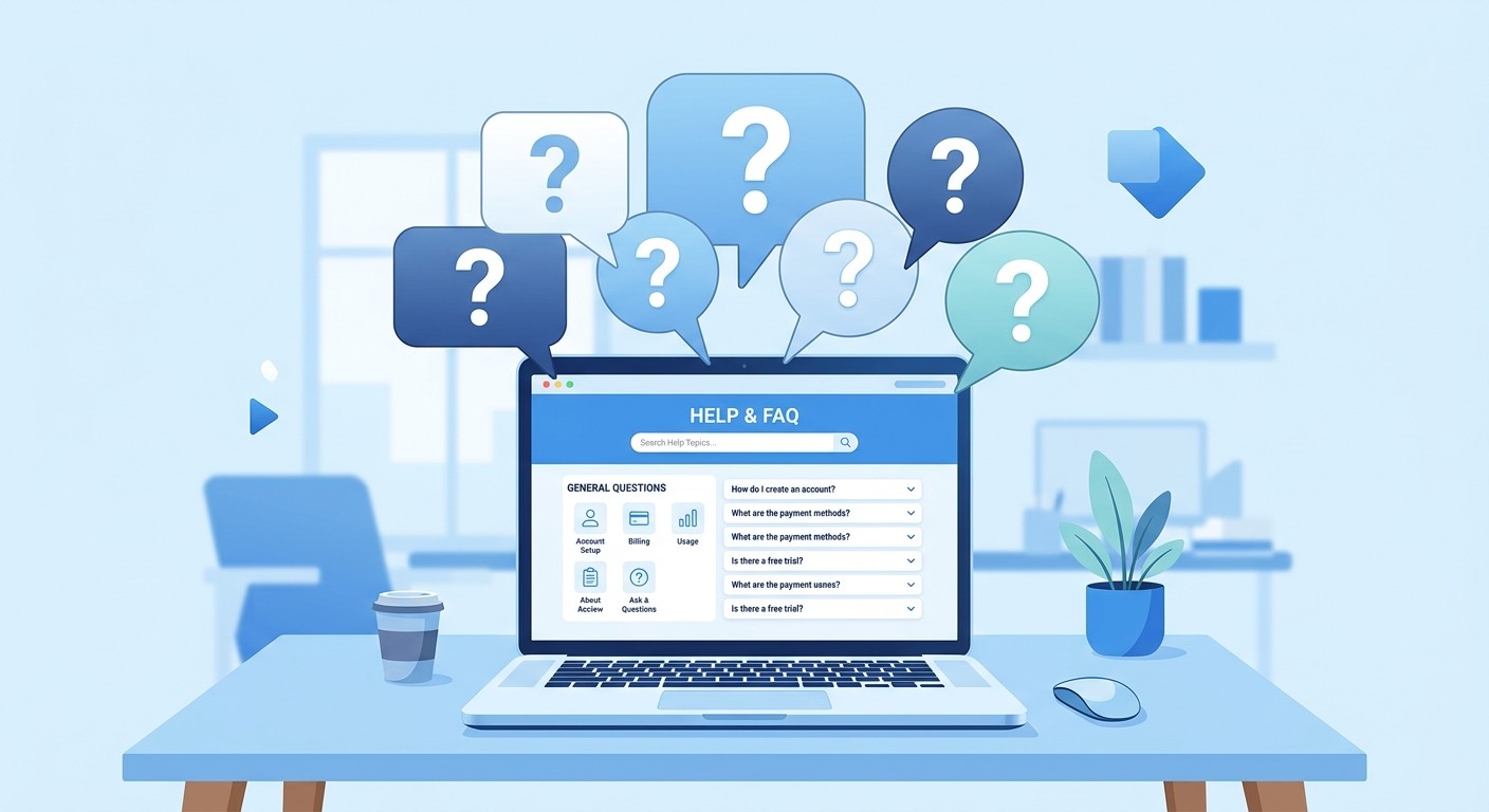 Question mark speech bubbles above a laptop showing a web app