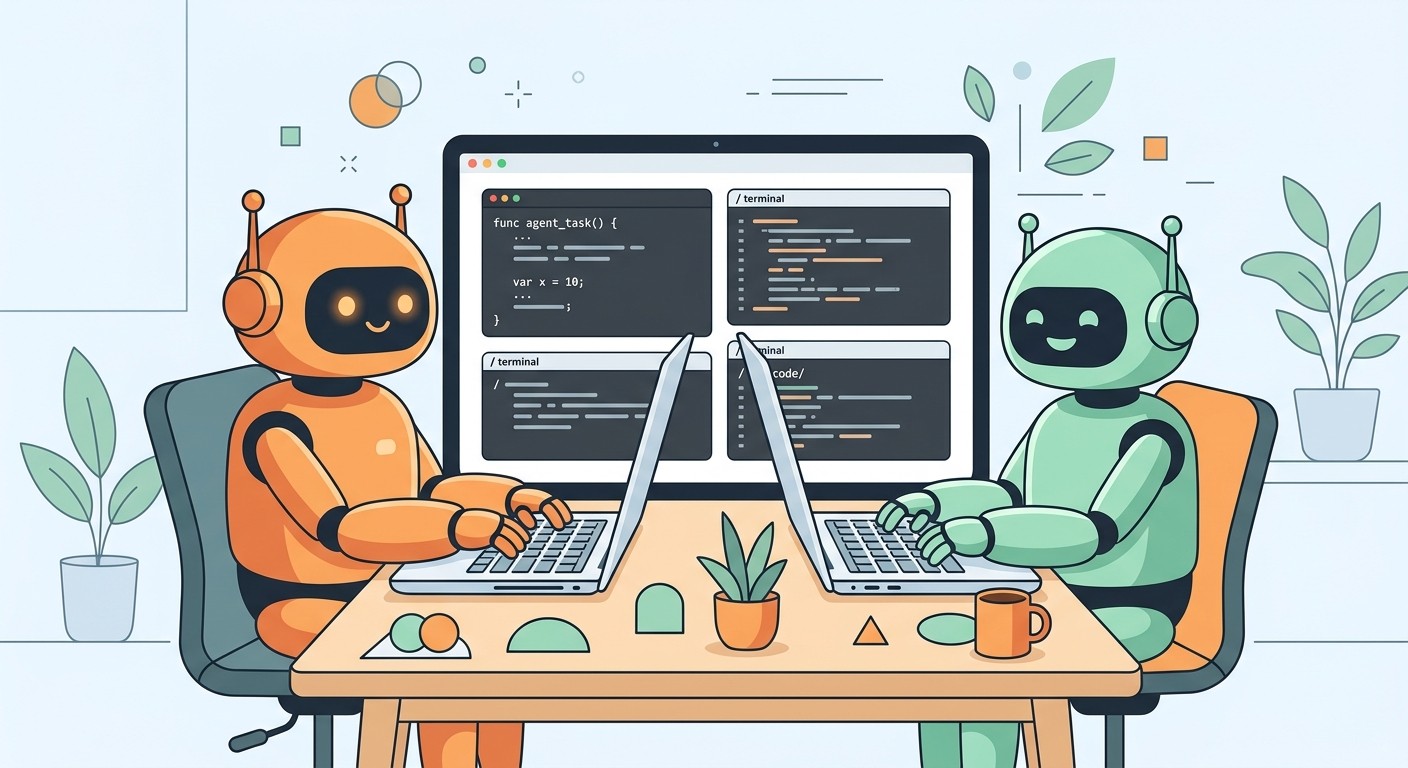 Flat illustration of two AI coding agent characters working side by side on a laptop with orange and green terminal windows, representing Claude Code and Codex
