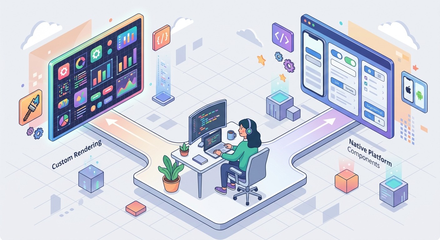 Illustration of a developer choosing between custom rendering and native platform components for cross-platform app development