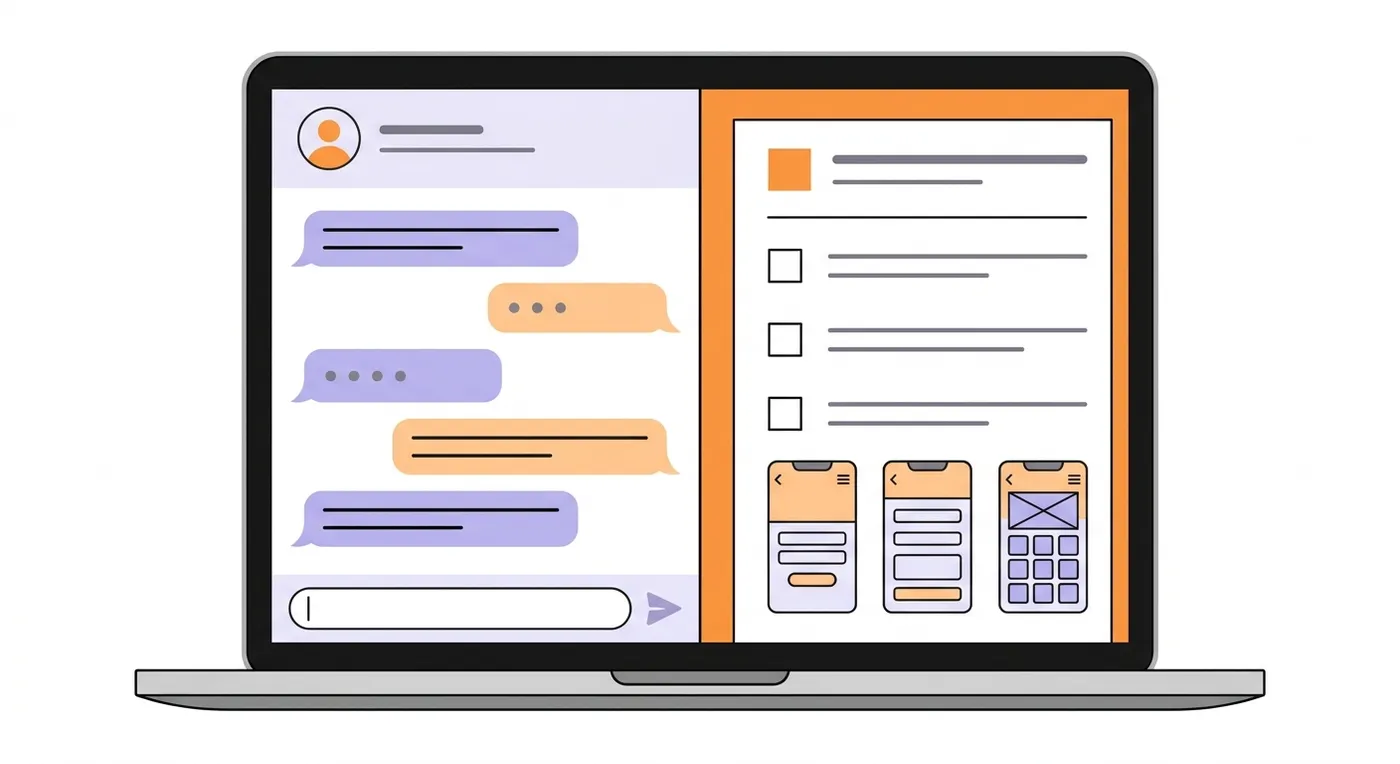 An AI chat window next to a written project plan with a checklist of screens and features