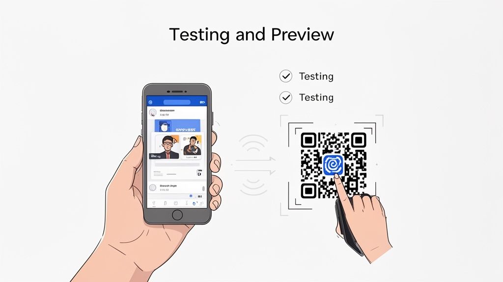 Smartphone displaying app preview, connected to a QR code for testing, with a hand pointing.