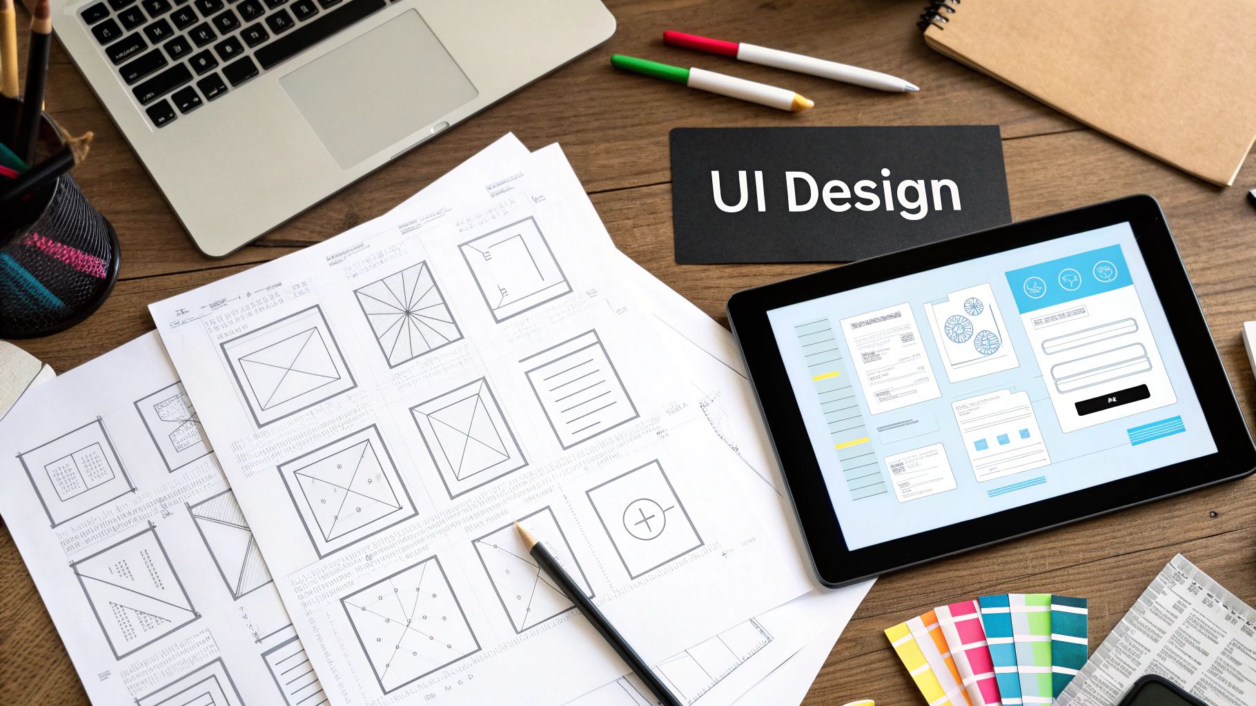 A person using a stylus to design a mobile app interface on a tablet.